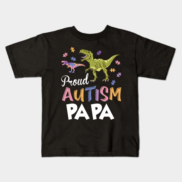 Autistic Dinosaurs Walking Around Puzzles Together Proud Autism Papa Kids T-Shirt by Cowan79